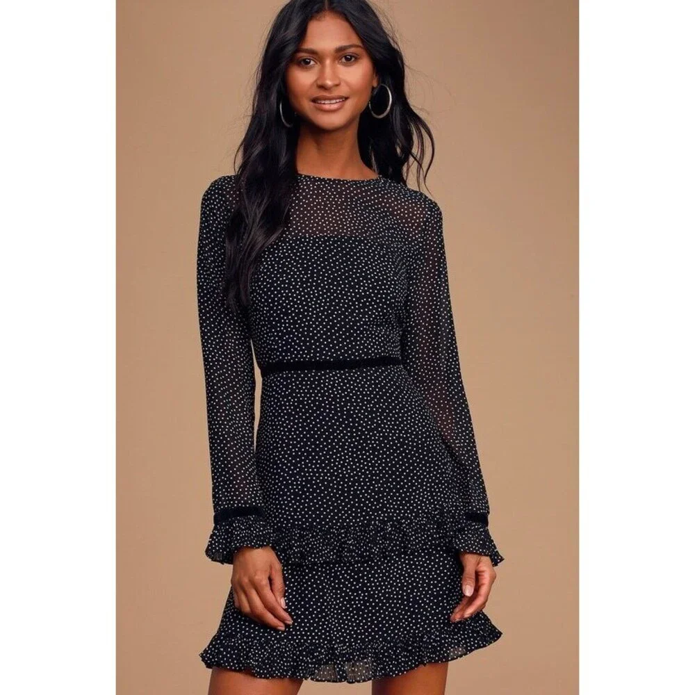 NWT Lulus Floral To See Black Polka Dot Long Sleeve Mini Dress - Size Small - Picture 1 of 5